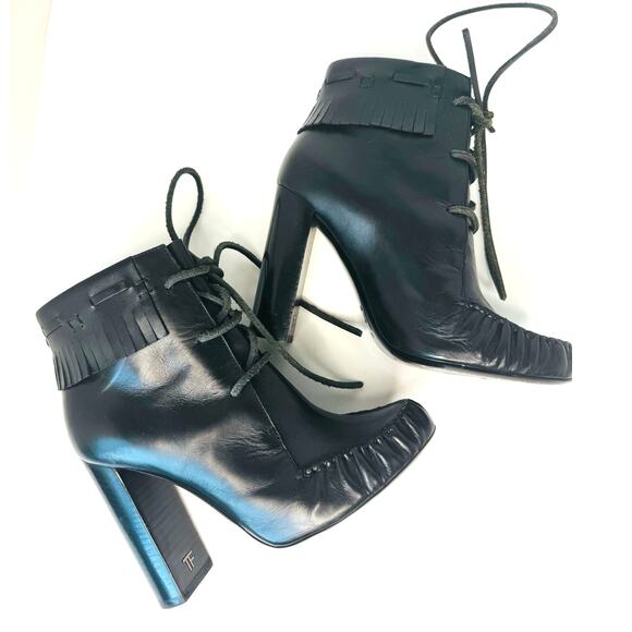 Tom Ford Black Leather Fringe Lace-Up Ankle Boots Size 35.5 Block Heel Booties - Picture 1 of 10